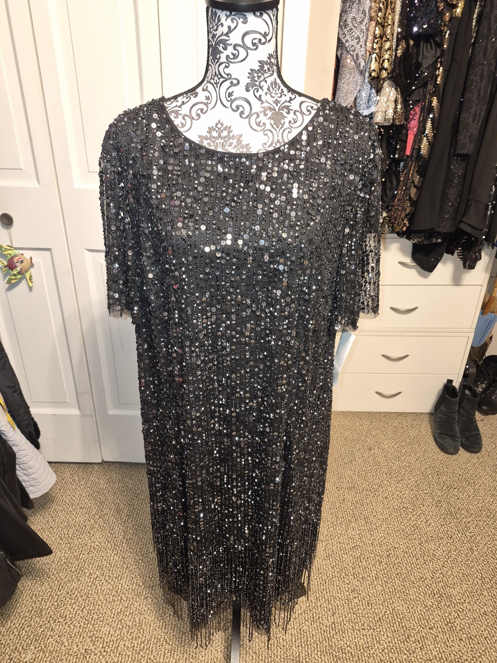 Adrianna Papell Black Sequin Fringe Midi Dress